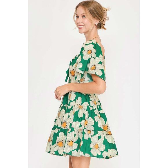 Umgee Daisy Print Short Sleeves Sweetheart Neck Ribbon Detail Mini Dress | Green - Picture 4 of 5